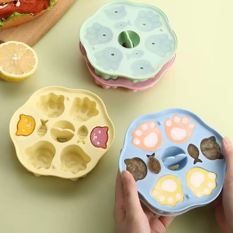 宝宝婴儿硅胶蒸糕模具蒸蛋糕米糕果冻布丁辅食工具猫爪带盖猫爪盘