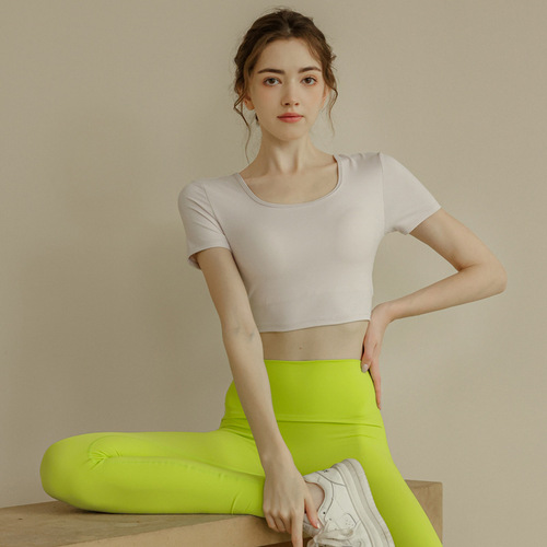 European and American Cross-border Amazon Sports Short Sleeve with Bra Cup Yoga Suit Quick-drying Fitness Running Beautiful Back Women's Short-sleeved Top