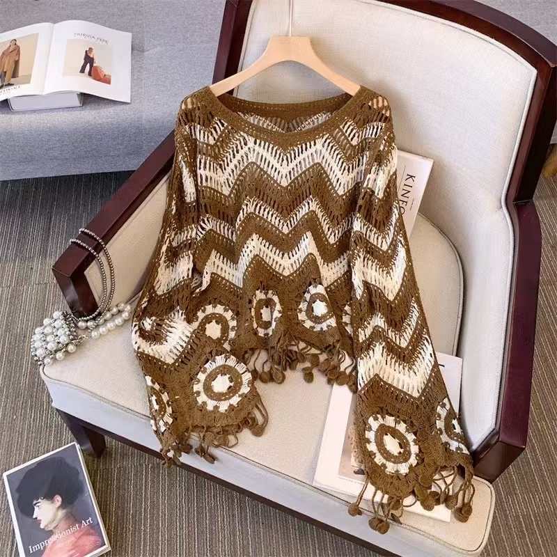 2025 Autumn Design Contrast Color Crochet Hollow Knitted Sweater Women's New Fashion Loose Slim Sweater Blouse Trendy