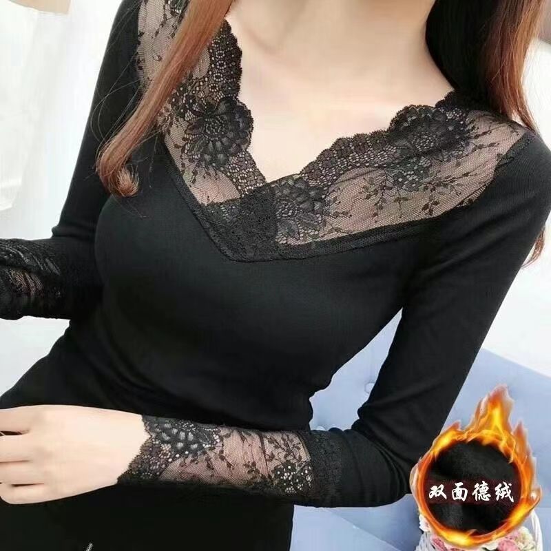 2025秋冬韩版大码上衣修身蕾丝V领内搭莫代尔 长袖T恤打底衫女潮