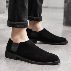 韓版尖頭休閒鞋英倫風反絨男鞋磨砂翻毛牛皮鞋男百搭潮鞋套腳單鞋