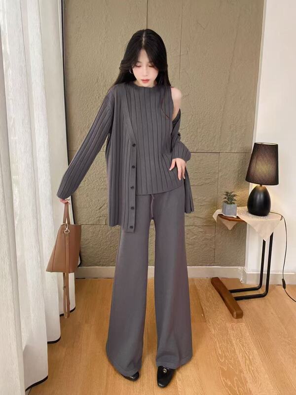 原创秋冬新品针织背心套装女慵懒风竖条毛衣开衫外套直筒裤三件套|undefined
