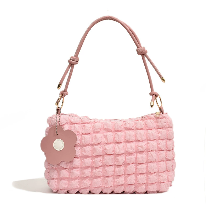 Small Shoulder Bag, Korean Style, Quilted Textured Fabric, Adjustable Strap, Lightweight
