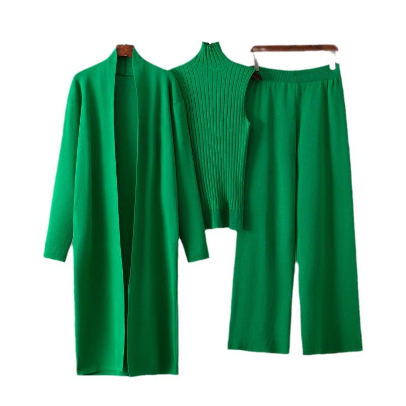 Roupas femininas estilo cor sólida terno casual casaco xale feminino + suéter decote em V + calças largas terno de três peças_voghion.com