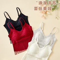 百塔無痕法式流蘇細肩帶美背蕾絲聚攏V領性感內衣帶胸墊無鋼圈內