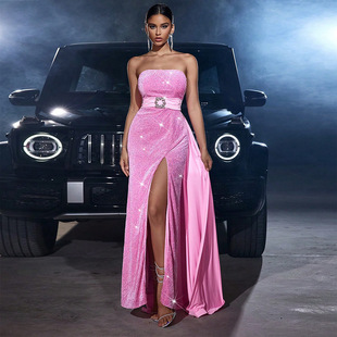 Amazon Autumn and Winter Hot European and American Sexy Fashion dress Velvet Sequins Belted Slim-fit Strapless Banquet Dress