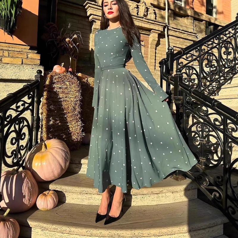 High-Waisted Slimming Look Triangle Printed Long-Sleeved Skirt Sage Green Mid-Length Skirt Autumn Retro Women's Elegant