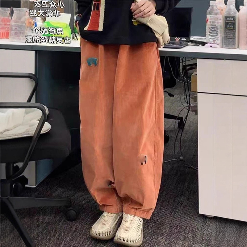 Orange Thickened Corduroy Casual Pants for Women, Thickened for Autumn and Winter 2025, New Elastic Waist Sweatpants, Carrot Pants, Trendy