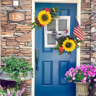 Cross-border Sunflower Bow Rooster Wreath Hanging Decoration Artificial Flower Wooden Vintage Door and Window Hanging Decoration Wall Decoration