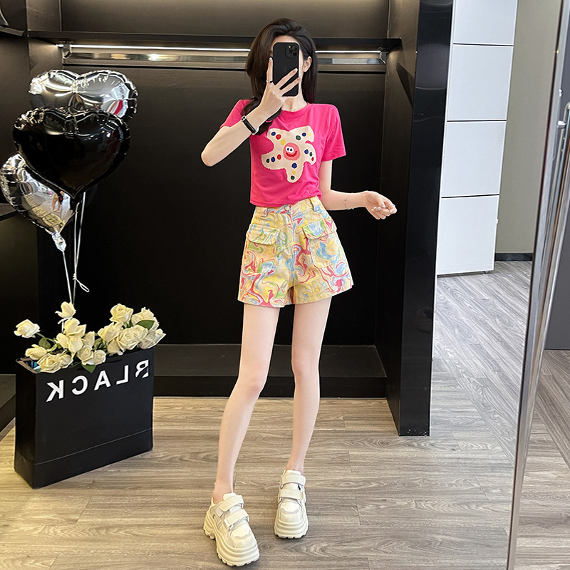 Graduation Season Slimming Western Style Fashion Casual Summer Age-reducing Printing High Waist Hot Girl Short Top Women's Short Sleeve