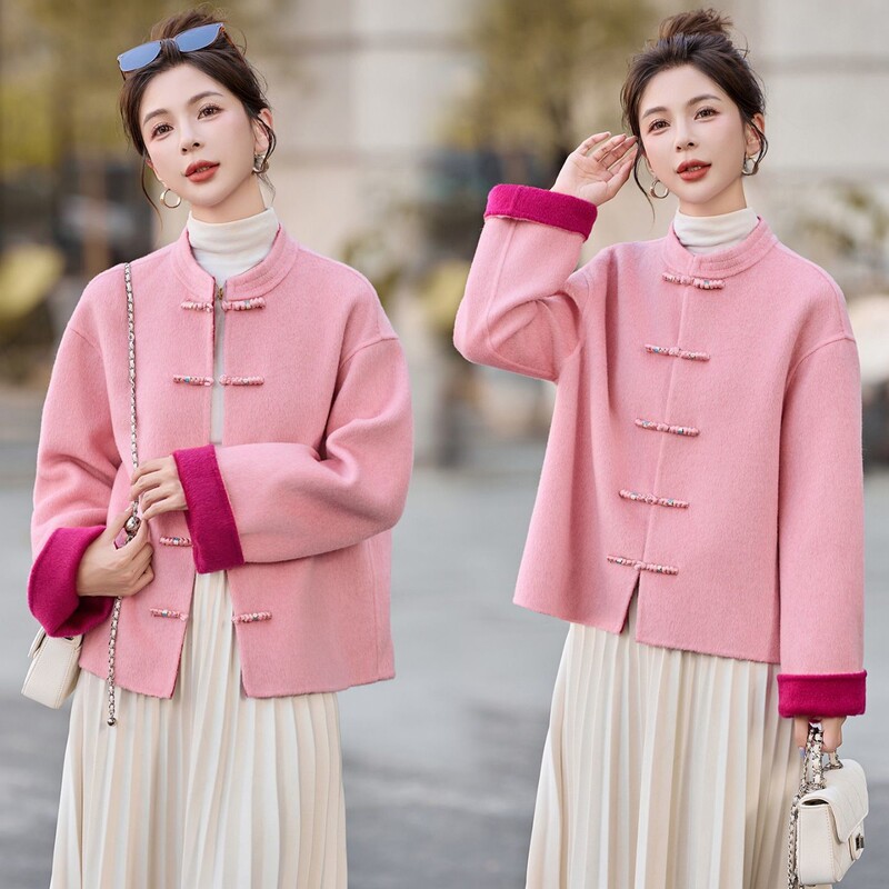 New Chinese-Style Double-Sided Wool Coat for Women, Short Style, 2025 New Model, National Style with Button Closure, Color-Blocking Woolen Jacket, Elegant Style