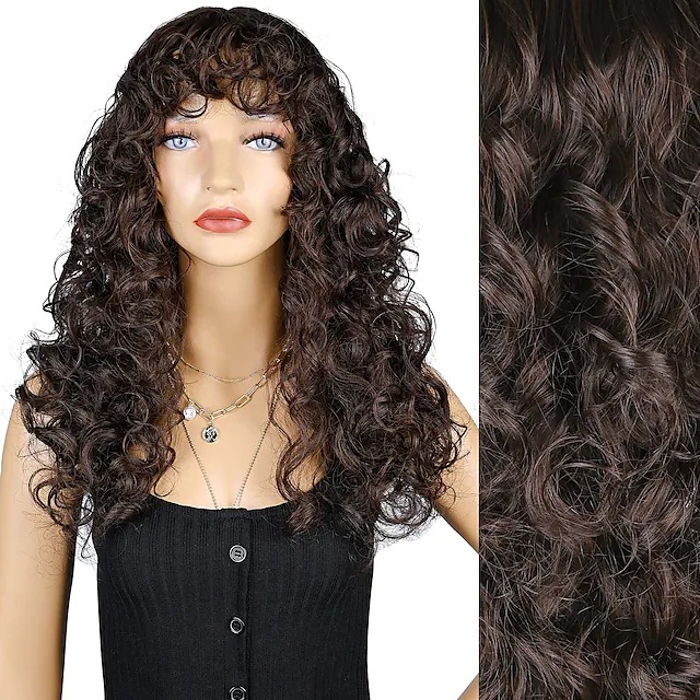 Synthetische Perücke für Damen, braunes, kleines, langes, lockiges Haar, schwarze synthetische Faser, volle Kopfbedeckung_voghion.com