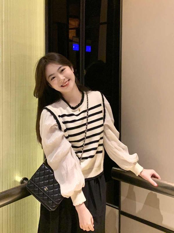 春款女装条纹针织毛衣女款2025新款春季穿搭气质针织衫假两件上衣|undefined