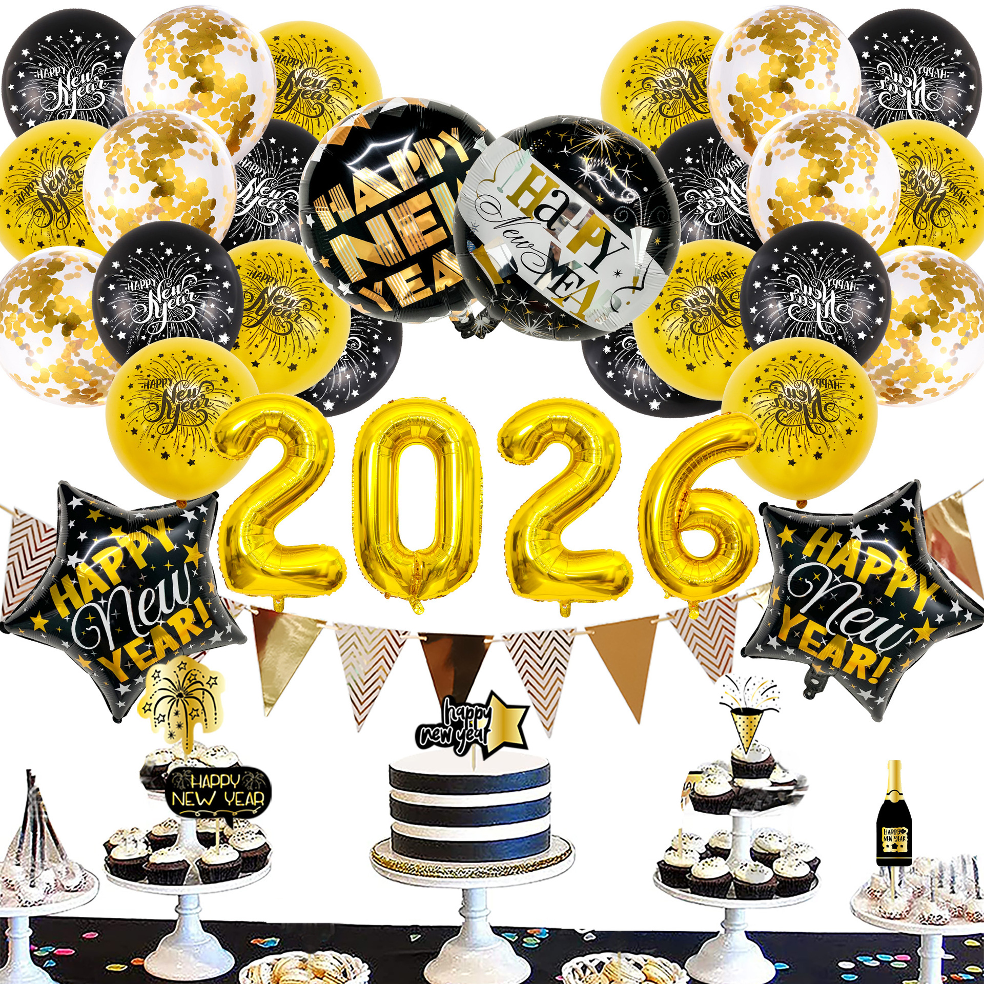 Set de Globos Decorativos Dorados de Año Nuevo 2026 - Modelo 1