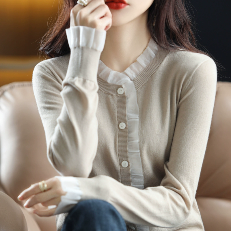 2024 осенний новый женский кружевной кардиган с круглым вырезом и рюшами в корейском стиле, универсальный утягивающий вязаный базовый топ