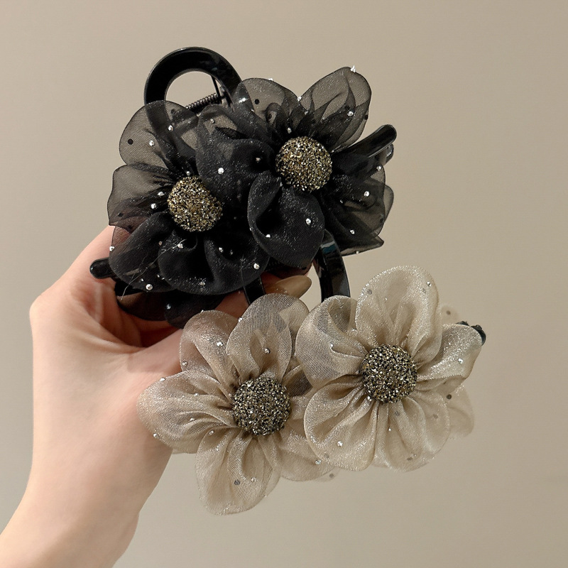 Mesh diamante de flores de sol agarrar clips temperamento de alto nivel cabeza de mujer cabeza de tiburón clips de cabello