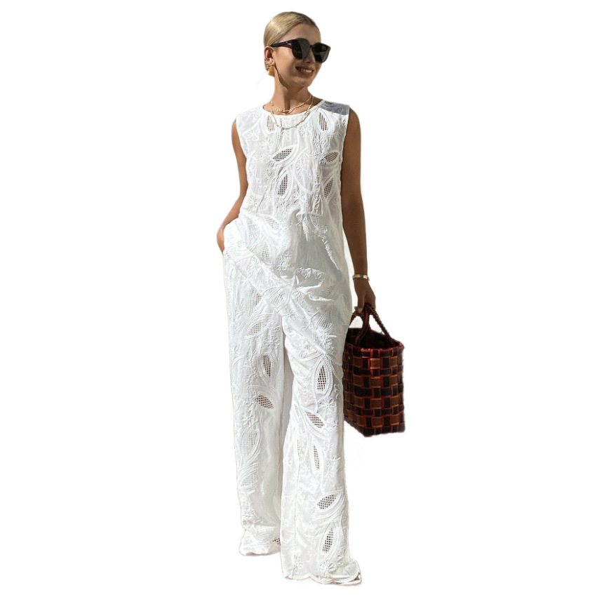 White Embroidered Sleeveless Vest Wide Leg Pants Two Piece Casual Fashion Set Women's Clothing_ecoleips.com