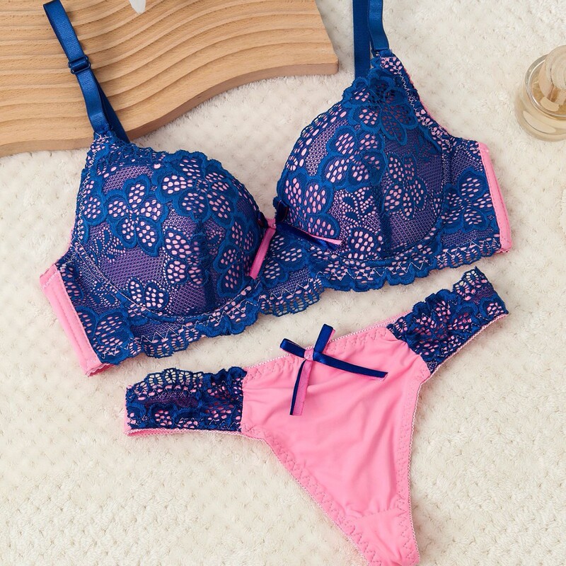 Factory Direct Sales Beautiful Back Lace Bow Bra Set Sexy Deep V Concentrated Push-Up Intimates Wholesale