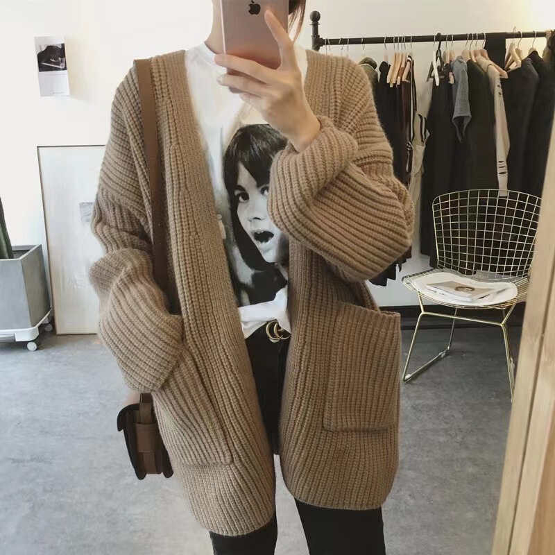 2025 Spring and Autumn Korean Style Mid-Length Thickened Lazy Style Casual Loose Sweater Jacket Thick Wool Knitted Cardigan for Women