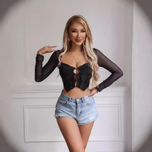 欧美外贸街头时尚性感蕾丝网纱鱼骨修身方邻长袖女上衣装厂家批发