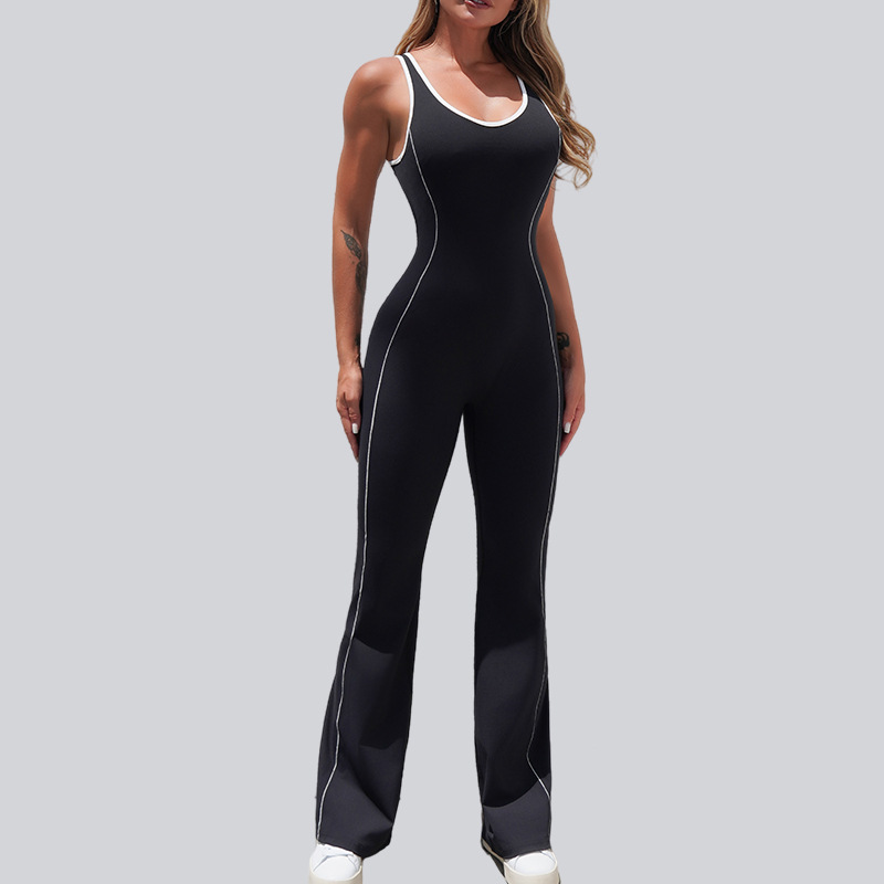 Monos de yoga deportivos transfronterizos europeos y americanos cuidadosamente seleccionados para mujer, con un hermoso diseño en la espalda, un diseño deportivo de fitness con una sensación de desnudez y un estilo de pantalones acampanados que levantan la cadera.