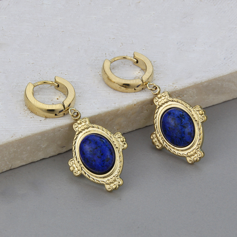 Retro Oval Titanium Steel Earrings Necklace Inlay Artificial Gemstones Stainless Steel Necklaces