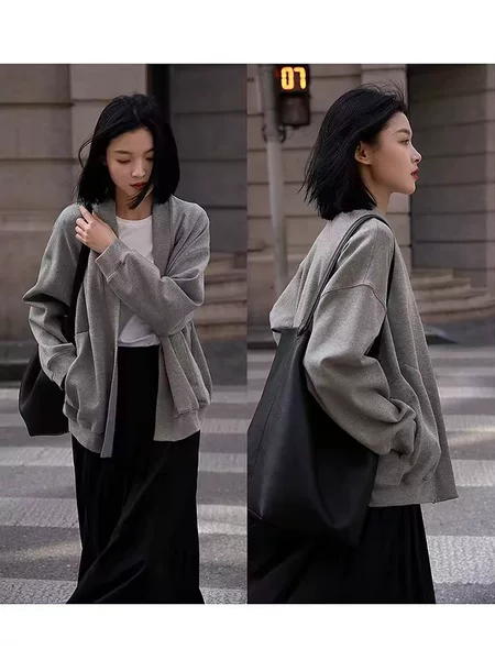 American BF wind! Casual Simple Loose Lazy Style V-Neck Fashionable Jacket Profile Sweater Cardigan Jacket for Women