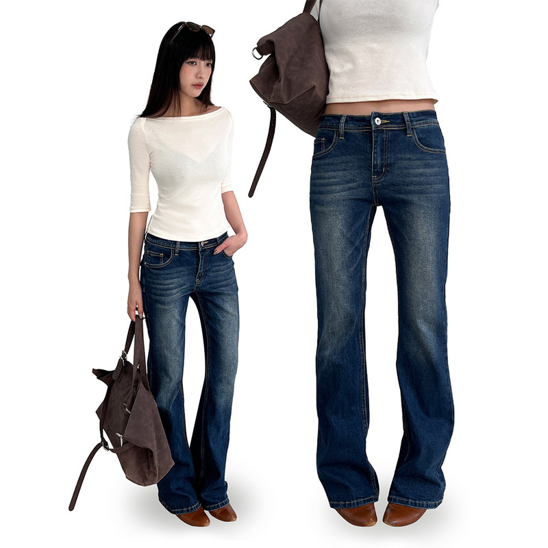 Yuyi's New 2026 Spring Style Personalized Distressed Flared Jeans for Women, Low-Waist, Slimming, Slightly Stretchy Casual Pants Cx536
