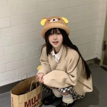 可爱小熊毛绒帽子女冬季加绒加厚轻松熊卡通套头帽保暖护耳渔夫帽