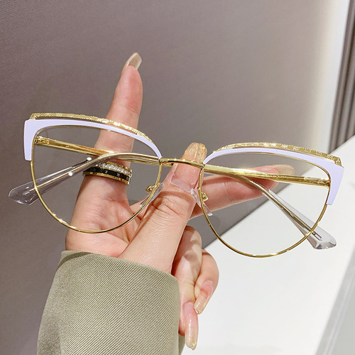 23 cross-border new metal anti-blue light discoloration flat glasses cat eye frame without makeup, small face, can be equipped with myopia frame