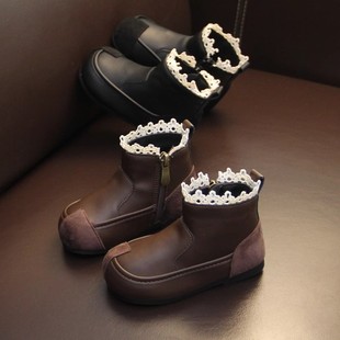 Girls' Boots 2024 New Autumn and Winter Children's Shoes Children's Lace Ankle Boots Baby's fleece-lined Leather Boots Women's Martin Boots
