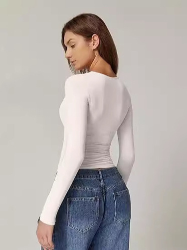 European and American women's long-sleeved pullover pleated V-neck T-shirt slim hot girl autumn top milk silk sexy trend