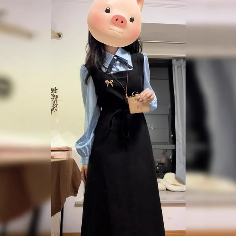Fake Two-Piece Preppy Style Long-Sleeved Dress for Women in Autumn and Winter 2025 New Teaching Qualification Interview Korean Style Outfit Suit Fake Two-Piece Preppy Style Long-Sleeved Dress for Women in Autumn and Winter 2025 New Teaching Qualification Interview Korean Style Outfit Suit