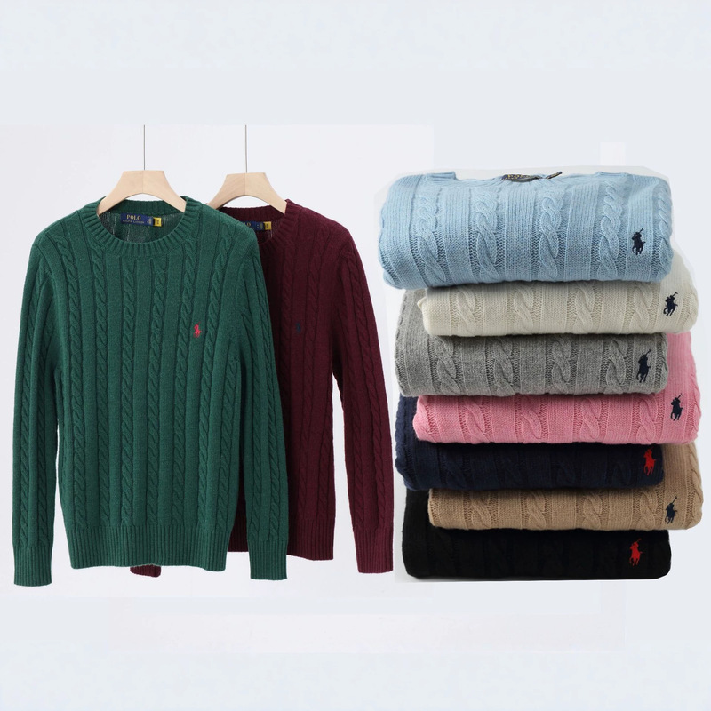 Autumn and winter cross-border solid-color crew-neck cable-knit sweater, men's business casual polo shirt with small horse logo embroidery, knitted couple's sweater