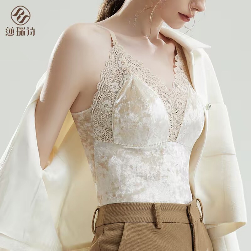 Sari Silk Velvet Lace Inner Thermal Vest, Sexy and Fashionable, Autumn and Winter Light Luxury French-Style Camisole, Solid Color Base Layer Sari Silk Velvet Lace Inner Thermal Vest, Sexy and Fashionable, Autumn and Winter Light Luxury French-Style Camisole, Solid Color Base Layer