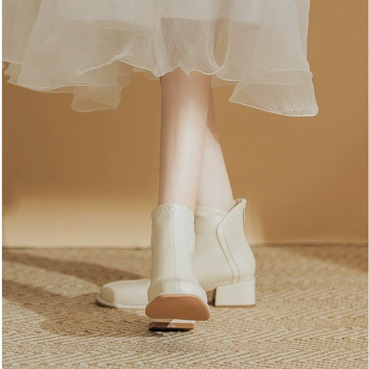 French-Style Autumn and Winter Beige Fleece-Lined Trendy Short Boots with Chunky Heels, Slim-Fit Boots, Women's High-Heeled Ankle Boots, Low-Heeled Martin Boots