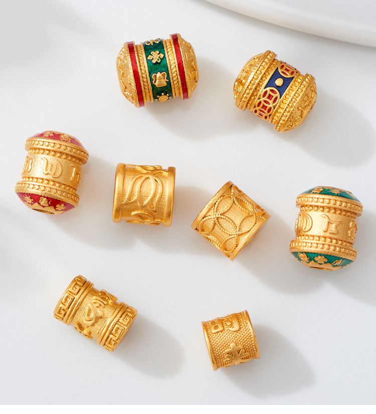 古法沙金六字真言转运珠隔珠铜钱大孔时来运转云纹手串DIY手链