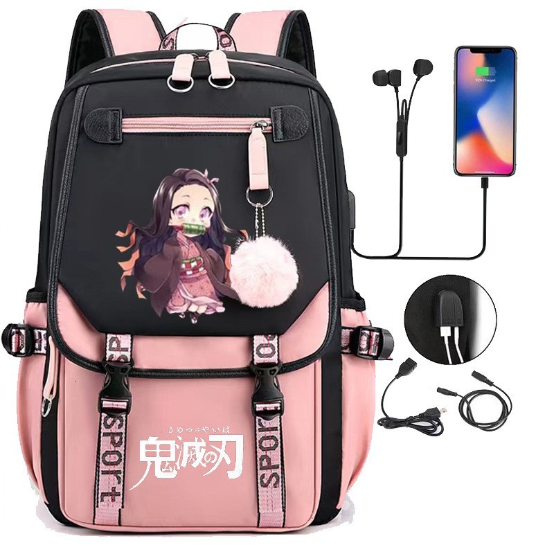 Japanese Anime Demon Slayer Peripheral Backpack Large Capacity Youth Student School Bag USB Interface Computer Bag Travel Bag