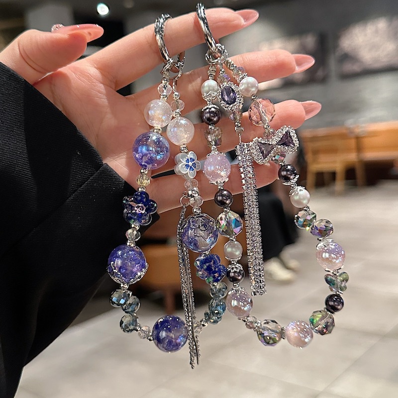 Boutique hecho a mano de alta gama colgante de teléfono móvil azul violeta borla cadena de cuentas de vidrio cordón de teléfono móvil de moda colgante de mensajero largo