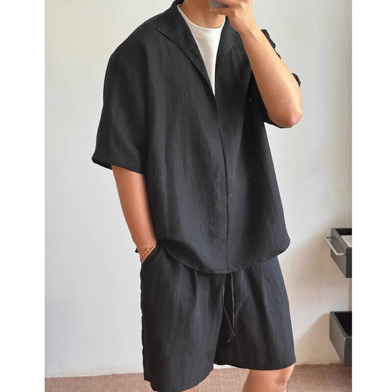 Old Money Style Short-Sleeve Shorts Two-Piece Set for Men, Summer Trendy Loose Fit, Large Size, Lightweight Quick-Dry Shirt and Pants