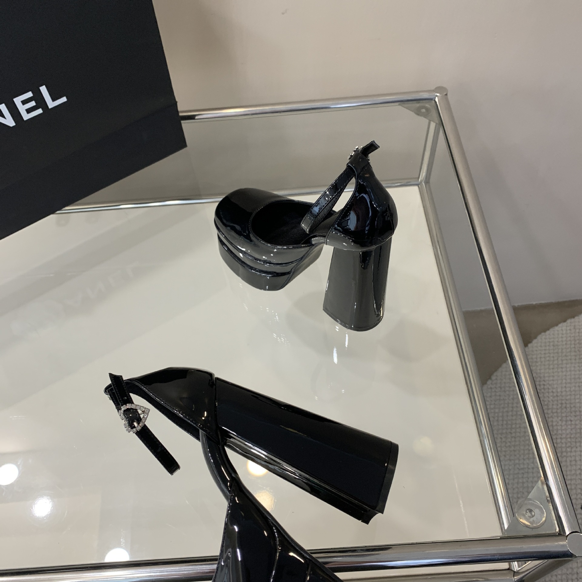 Sandal cao gót nữ mũi vuông quai ngang khóa kim cương gót 14 cm — Màu đen chi tiết 8