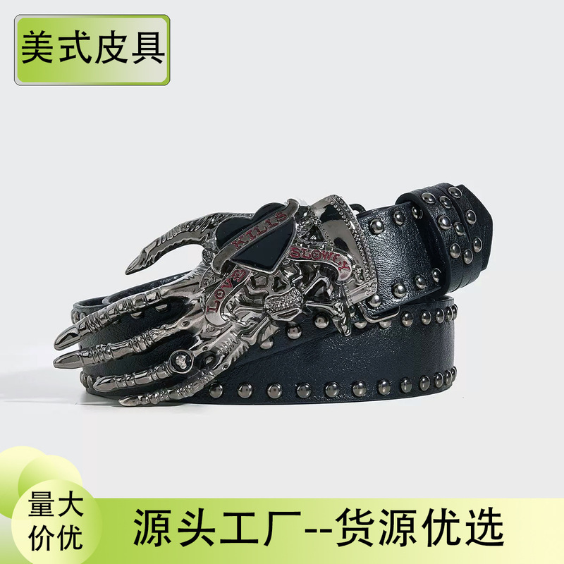 New Trendy Leather Belt for Men with Unique Skull and Heart Design, Punk Style Snap Buckle Casual Belt, in Stock for Wholesale