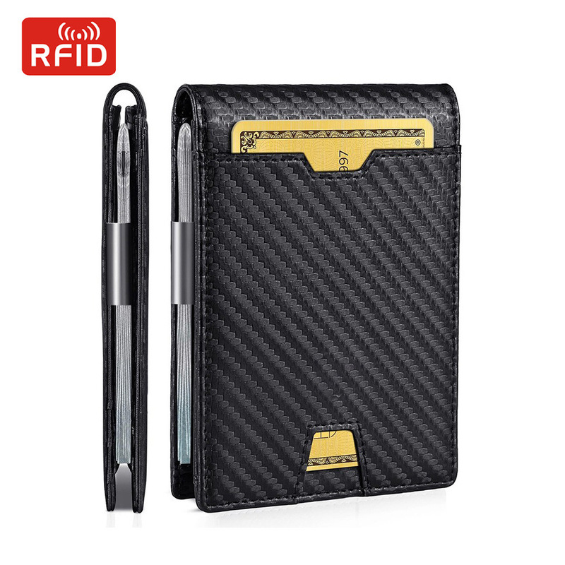 Amazon Men's Wallet Pu Cross-border Explosions Carbon Fiber Gold Clip Card Holder RFID Multifunctional Anti-theft Brush Wallet