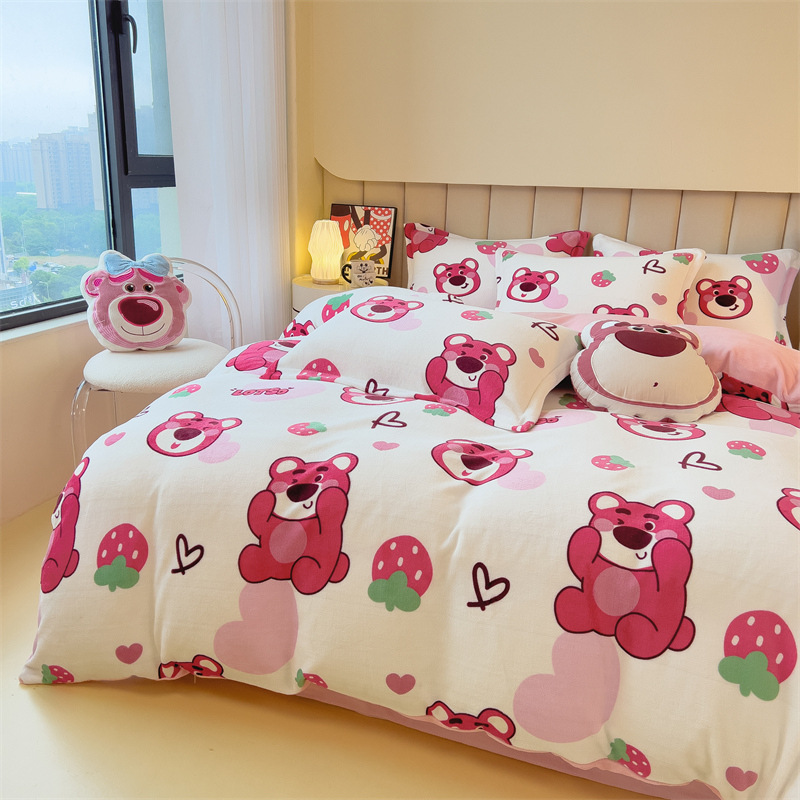 Clase A terciopelo de leche anti-estática conjunto de cuatro piezas para niños de la piel-amigable cama caliente de cuatro piezas edredón cubierta hoja de cama conjunto de tres piezas