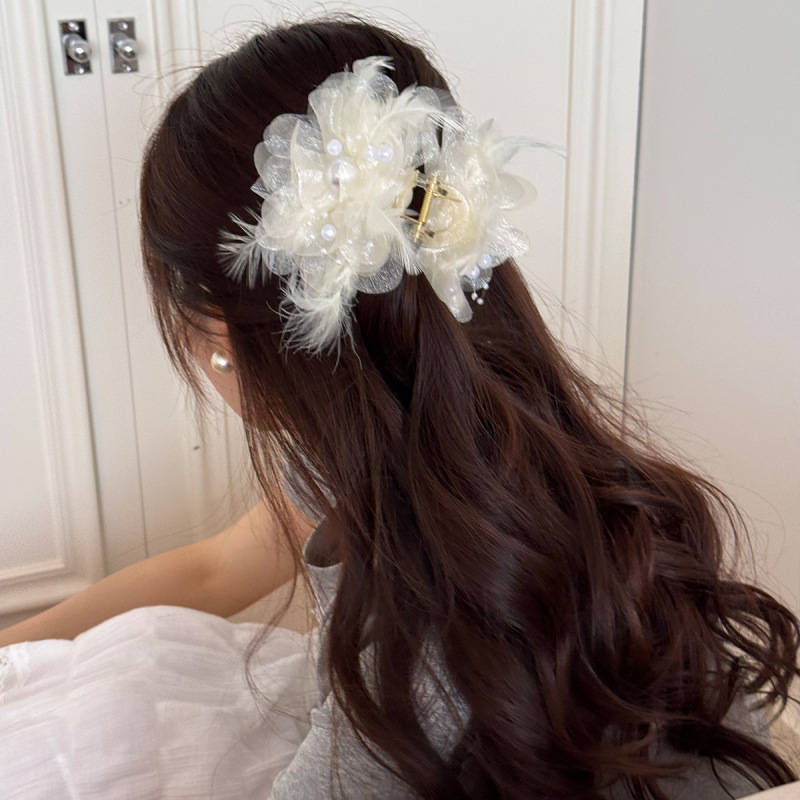 ホワイトパールフェザーフラワーグリッパー女性用2025新しいハイエンドヘアピン後頭部気質サメクリップヘッドバンド|undefined
