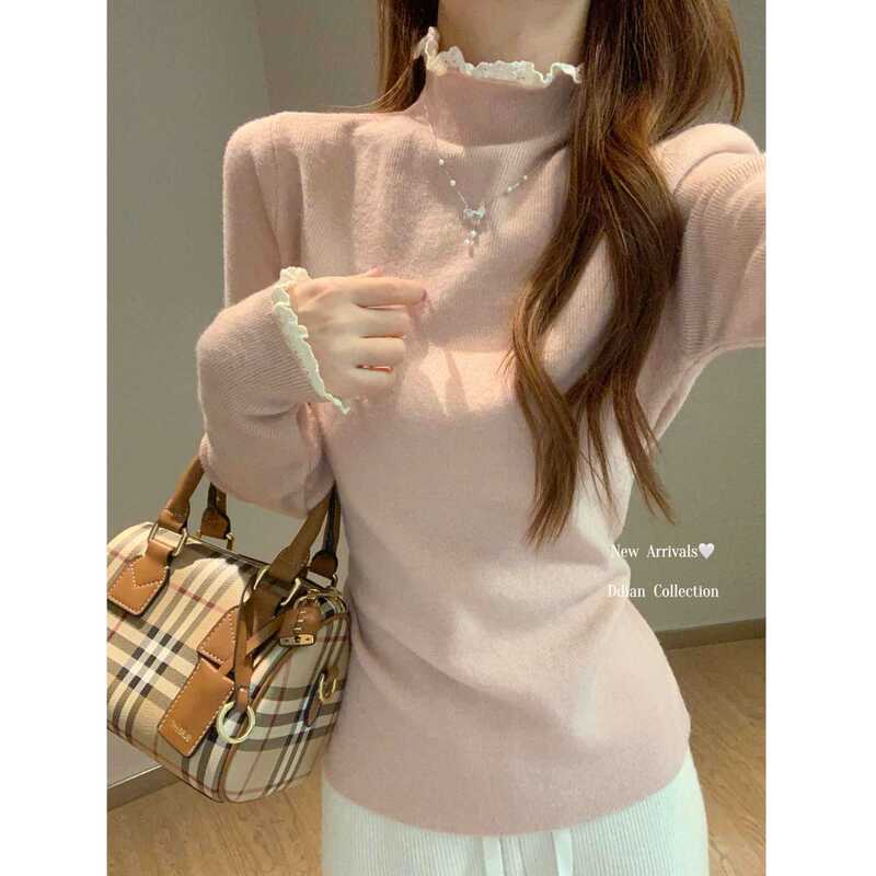 Pink Half-Turtleneck Knitted Sweater for Women, 2026 Spring, High-End Lace Patchwork Inner Top, Korean Style Base Shirt Pink Half-Turtleneck Knitted Sweater for Women, 2026 Spring, High-End Lace Patchwork Inner Top, Korean Style Base Shirt