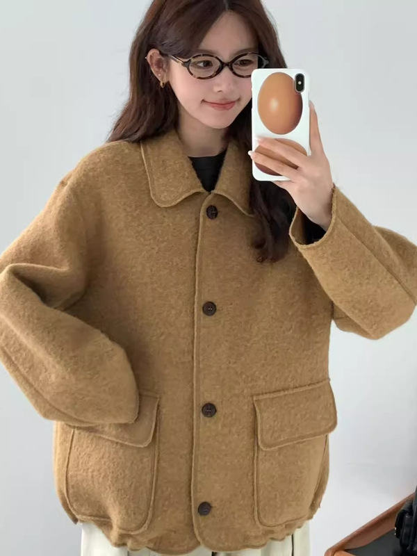 7t韩国东大门同款2025年秋egg羊绒温柔风气质翻领短款毛呢大衣女|undefined