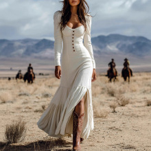 亚马逊欧美连衣裙跨境新款复古西部风纽扣缩褶长袖性感长裙