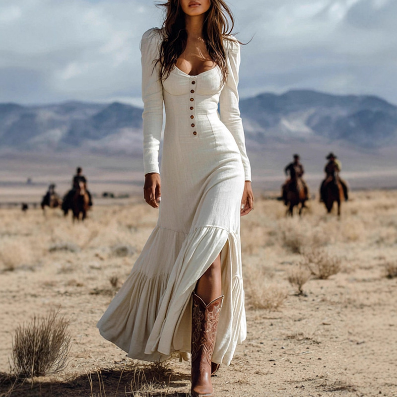 Amazon European and American Dress Cross-Border New Retro Western Style Button Pleated Long-Sleeved Sexy Long Dress
