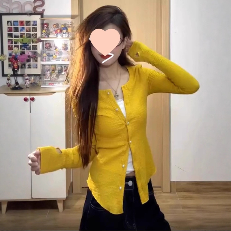 黄色针织开衫外套女秋季薄款外搭2025新款设计感修身长袖上衣早秋|undefined